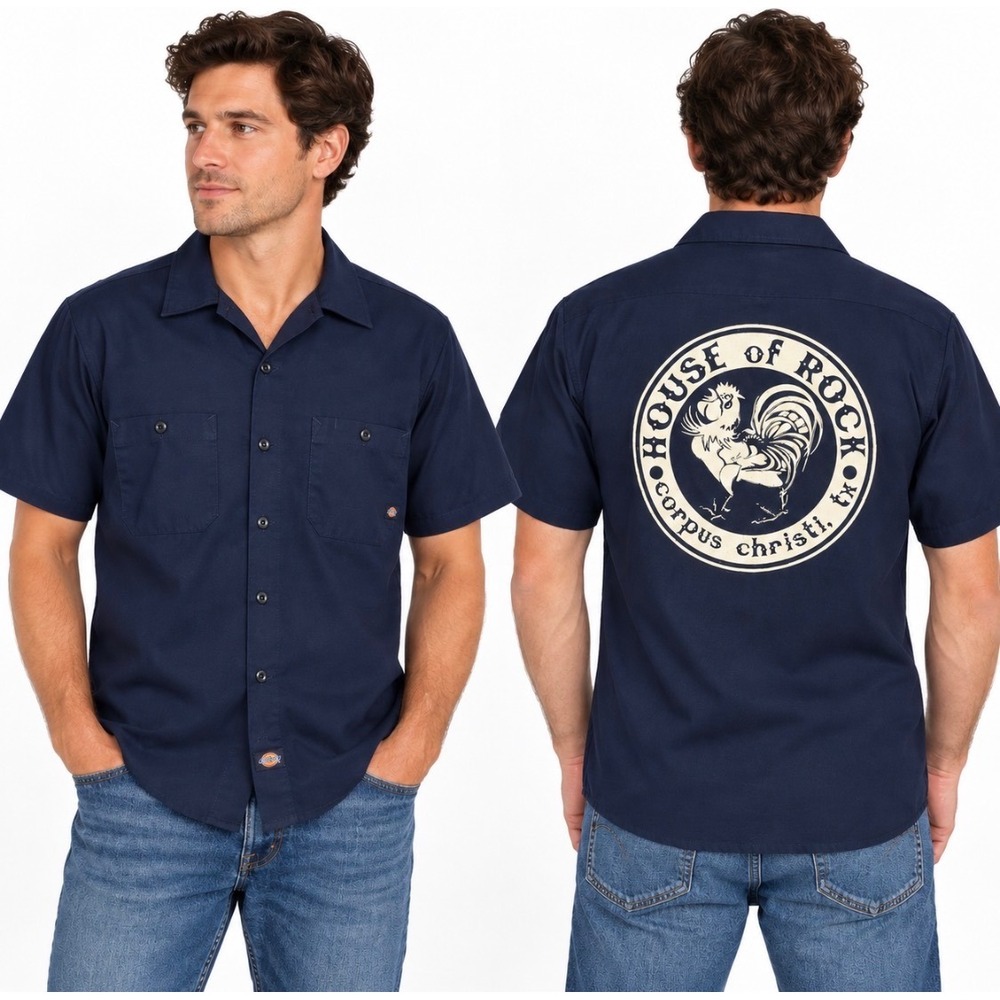 Dickies Graphic Work Shirt Mens S Button Up Cotton Garage Rock Texas Navy Blue